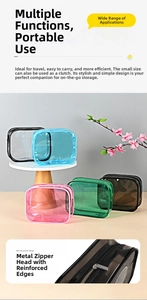 Detail of transparent PVC makeup bag showing reinforced edges and smooth metal zipper