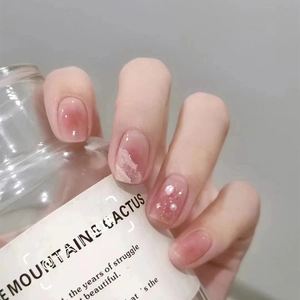 Pink Blush Gradient Press On Nails Seashell Shimmer Artificial Pearl Decor Elegant Sweet Wearable Fake Nails Manicure