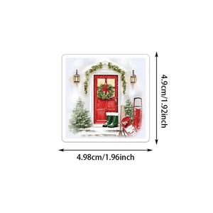 Detailed size chart showing a 4.9cm Christmas sticker with holiday door and wreath motifs