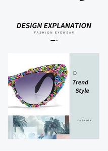 Detail of cat eye sunglasses with purple gradient lenses and decorative candy beads