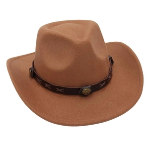 Detailed close-up of brown felt cowboy hat with metallic rivets on a leather band