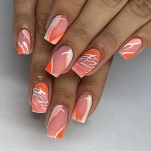 Short Press On Nails Orange White Ripple Wave Pattern French Style Square Fake Nails For Women