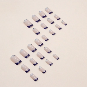 Blue French square press-on nails set with silver glitter accents and natural pink base