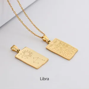 Macro view of gold Libra zodiac pendant with etched goddess and stars on steel plate
