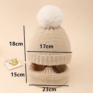 Beige baby knitted hat and scarf set with pom-pom and specific size measurements