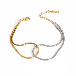 Macro shot of two-tone gold and silver snake chain bracelet with S.Steel engraving
