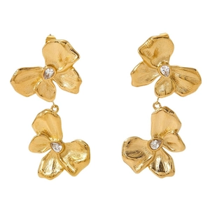 Elegant gold double-layered floral stud earrings featuring textured petals and crystals