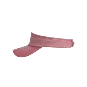 Detail of pink washed cotton sun visor showing durable double-stitching and fabric texture