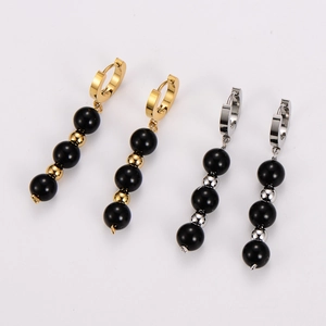 Elegant 304 stainless steel drop earrings with black beads in gold and silver finish