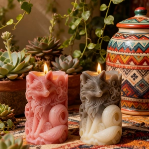 Intricate fox-shaped 3D embossed candles with detailed fur texture and warm glow