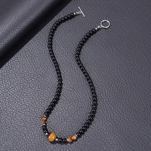 6mm natural obsidian and tiger eye beaded necklace for men and women with T-toggle clasp