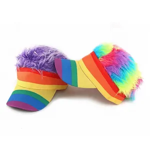 Visera arcoíris divertida con peluca morada y colorida para disfraces y cosplay al aire libre