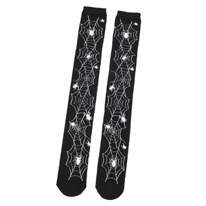 Detailed view of Halloween over-the-knee socks with white spider web patterns