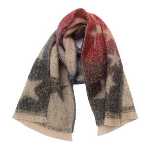 Detail shot of the gradient star scarf featuring beige red and grey colors with fringe trim