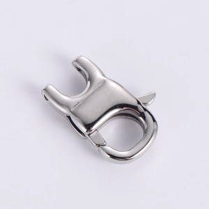 Polished stainless steel lobster claw clasp for jewelry and necklace making on white background