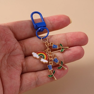 Rainbow cloud and blue rose metal keychain with golden ring and blue clip for backpack decor