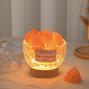 Himalayan salt lamp diffuser in a glass bowl with glowing warm light and wooden base