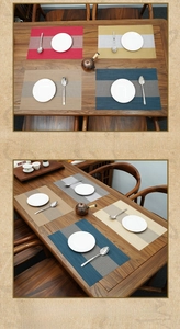Detail of PVC woven placemat set with heat insulation texture on a wooden table