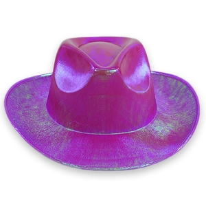 Holographic magenta cowboy hat with wide brim for Halloween rave parties and festivals