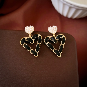 Heart Drop Earrings Alloy Woven Leather Imitation Artificial Pearl With Silver Earring Post Vintage Elegant Jewelry For Women