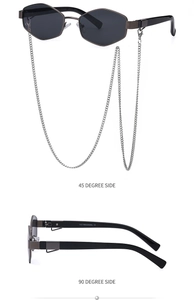 Detailed views of black polygonal sunglasses featuring a stylish silver metal chain accessory