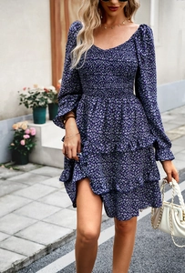 Detail of smocked purple floral dress with tiered ruffles and long sleeves