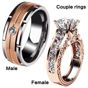 Stainless Steel Couple Rings Cubic Zirconia Inlaid Two Tone Rose Gold Silver Hollow Filigree Brushed Simple Fashion Jewelry