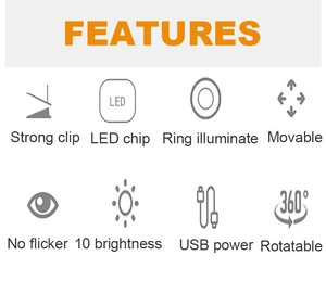 Feature chart of USB LED clip lamp with 10 brightness levels and rotatable arm