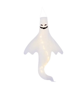 Close-up of a white Halloween ghost windsock with glowing warm yellow LED fairy lights inside