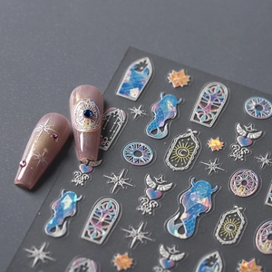 Autocollants Ongles 3D Gaufrés Métalliques Holographiques Sirène Lune Étoile Style Gothique Adhésifs Manucure