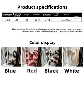 Detailed size chart for the large striped canvas bucket bag with precise measurements