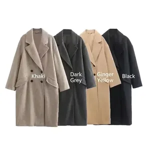 Women's mid-length wool coat with double-breasted buttons in khaki, gray, yellow, and black