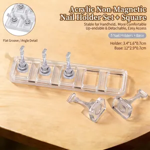 Detailed view of clear acrylic nail display stand with chess-shaped holders and dimensions