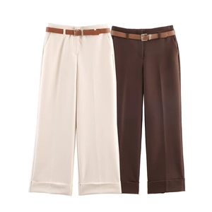 Fashionable high waist wide leg trousers in beige and dark brown with matching belts
