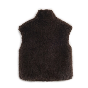 Women's dark brown faux fur vest with stand collar and plush texture, back view on white