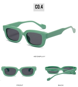 Three views of mint green square sunglasses with dark lenses and retro frame design