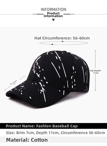 Graphic graffiti baseball cap size chart showing brim depth and head circumference