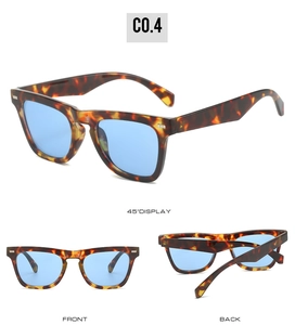 Three-angle view of vintage tortoise shell sunglasses with light blue lenses and silver rivets