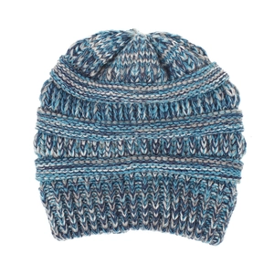 Close-up of chunky knit pattern in blue and grey mixed yarn for winter warmth