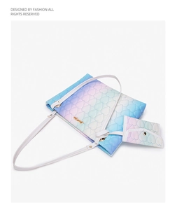 Detail of rainbow gradient heart quilted tote bag with matching coin purse and white handles
