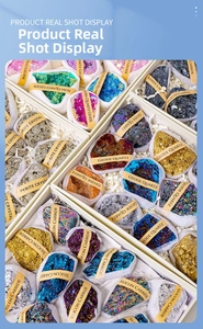 Detail view of natural crystal specimens box including Pyrite and Geode Quartz