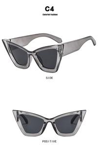 Detailed views of translucent grey cat-eye sunglasses showing front and side profile angles