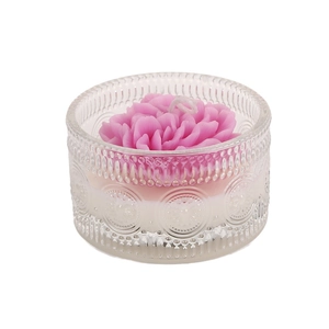 Pink rose shaped scented candle in an embossed glass jar for romantic gift decor