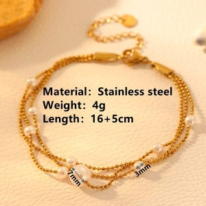 Three-layer gold stainless steel chain bracelet with nine white pearls for women