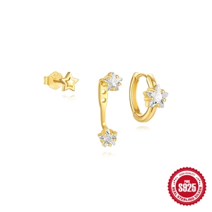 Exquisite S925 sterling silver gold heart and star stud earring set with white zircons