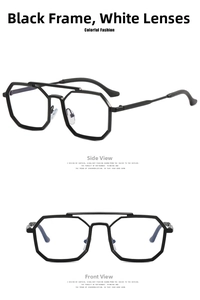 Steampunk polygonal glasses with double bridge, black frame and clear lens side view