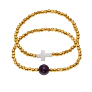 18K gold plated beaded bracelet set with cross charm and purple crystal for women