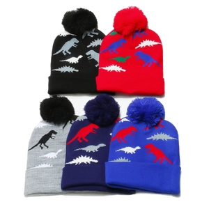 Kids Dinosaur Knit Beanie Hat Acrylic Warm Winter Pom Pom Jacquard Pattern For Boys Girls