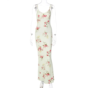 Detail of light green floral pattern and fabric texture on a slim fit maxi dress