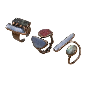 Vintage bronze open rings with natural tourmaline and raw stones in three unique styles
